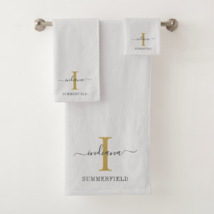 Conjunto De Toalhas Nome do Monograma Script Cinza Dourada Minimalista