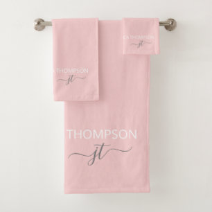 Conjunto De Toalhas Nome do Monograma Simples de Script Girly Blush 