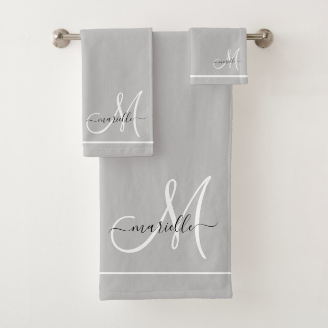 Conjunto De Toalhas Nome do Script Branco da Cinza Monograma Elegante (Insitu)