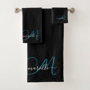 Conjunto De Toalhas Nome do Script do Monograma Azul Preto Elegante
