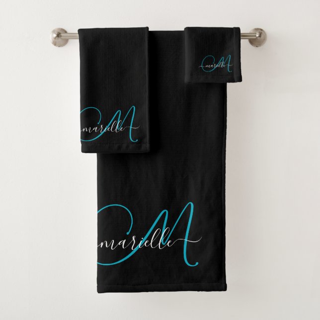Conjunto De Toalhas Nome do Script do Monograma Azul Preto Elegante (Insitu)