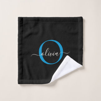 Conjunto De Toalhas Nome do Script do Monograma Azul Preto Elegante Mo