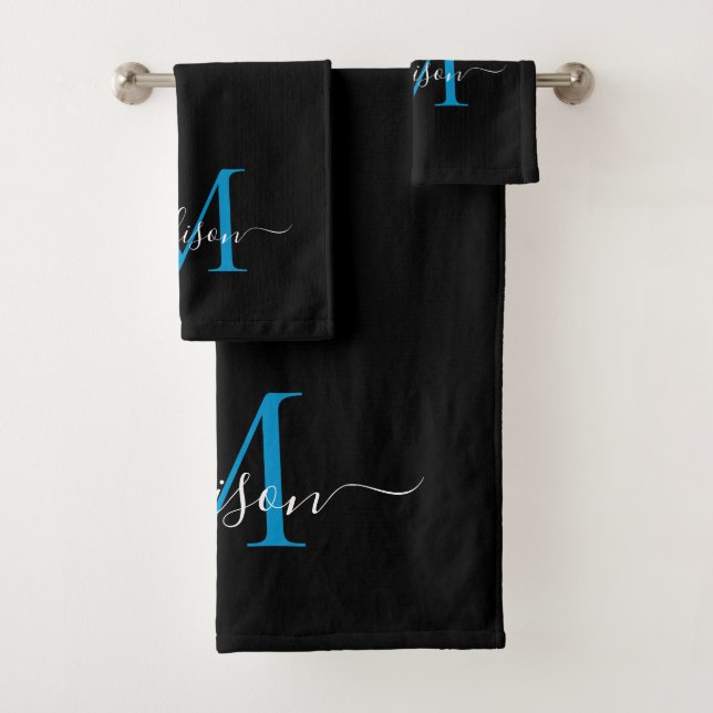 Conjunto De Toalhas Nome do Script do Monograma Azul Preto Elegante Mo (Insitu)