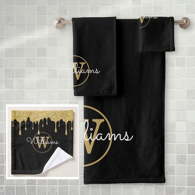 Conjunto De Toalhas Nome do Script do Monograma de Drives Glitter Dour (Gold Glitter Drips Monogram Script Name Bath Towel Set)