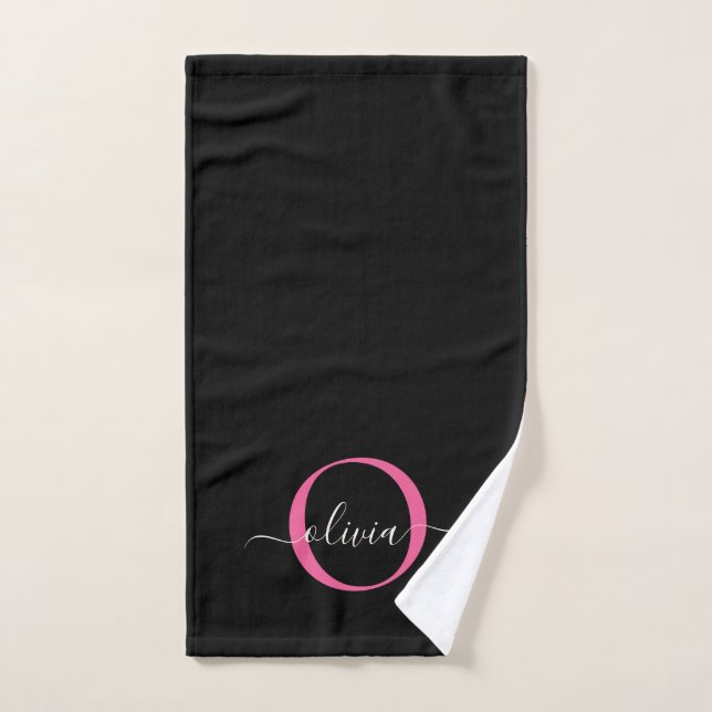Conjunto De Toalhas Nome do Script do Monograma preto-rosa Elegante Mo (Toalha de mão)