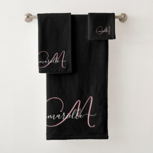 Conjunto De Toalhas Nome do Script do Monograma Rosa Preto Elegante