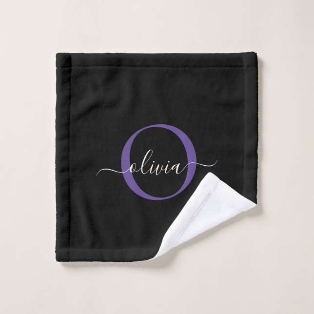 Conjunto De Toalhas Nome do Script do Monograma Violeta Roxo Preto Mod (Pano de lavar)