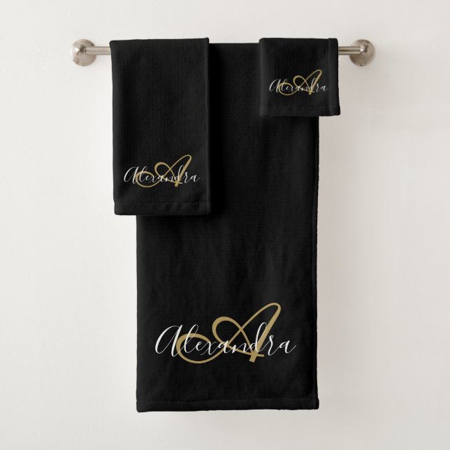 Conjunto De Toalhas Nome do Script Dourado Preto do Monograma Elegante (Insitu)