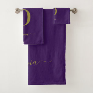 Conjunto De Toalhas Nome do Script Monograma Personalizado Roxo E Dour