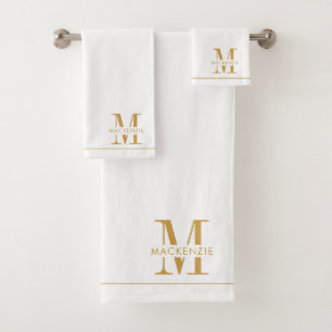 Conjunto De Toalhas Nome Dourado Elegante Monograma Branco
