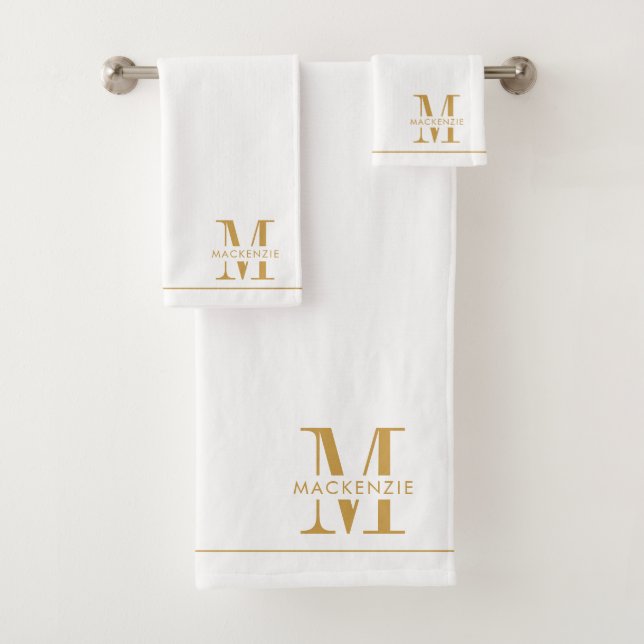 Conjunto De Toalhas Nome Dourado Elegante Monograma Branco (Insitu)