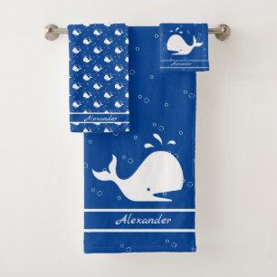 Conjunto De Toalhas Nome Monograma Cartoon Whale Blue White