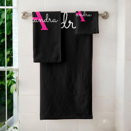 Conjunto De Toalhas Nome Monograma de Letra Cursiva Rosa Quente Femini