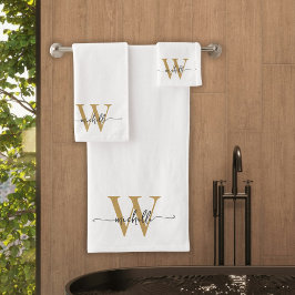 Conjunto De Toalhas Nome Monograma em Ouro Branco Moderno com Letra Es