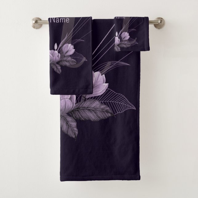 Conjunto De Toalhas Nome Monograma Frame Geométrico Violeta Floral Rox (Insitu)