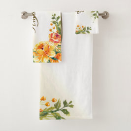 Conjunto De Toalhas Nome Monograma Laranja Amarelo Floral Verde Modern