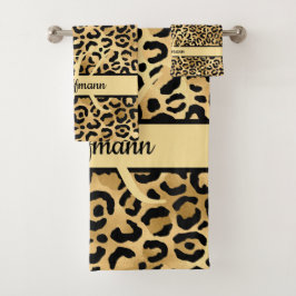 Conjunto De Toalhas Nome Monograma Preto Dourado Estampa Leopardo Guep