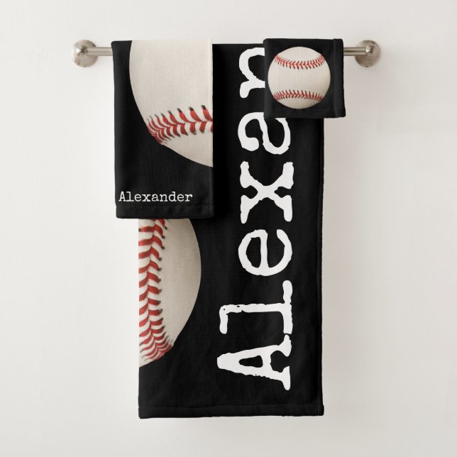 Conjunto De Toalhas Nome monograma, Vintage Baseball Black (Insitu)