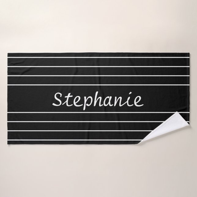 Conjunto De Toalhas Nome personalizado Black White Stripes Elegante Te (Toalha de Banho)