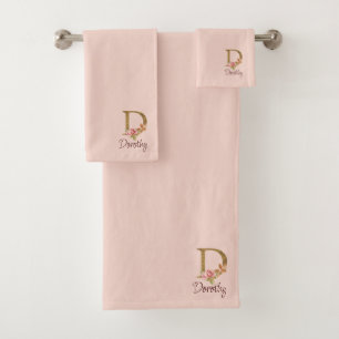 Conjunto De Toalhas Nome Personalizado Folha de Ouro Blush Rosas Rosa