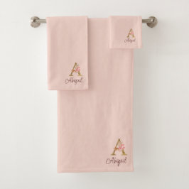 Conjunto De Toalhas Nome Personalizado Folha de Ouro Blush Rosas Rosa
