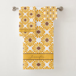 Conjunto De Toalhas Nome personalizado Padrão de girassol em branco