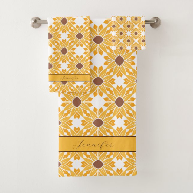 Conjunto De Toalhas Nome personalizado Padrão de girassol em branco (Insitu)