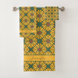 Conjunto De Toalhas Nome personalizado Padrão de girassol em verde esc