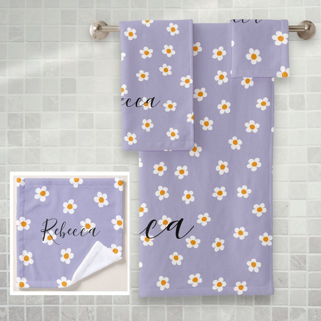 Conjunto De Toalhas Nome Personalizado Padrão de Margarida Moderna Fof (Personalized Name Cute Modern Daisy Pattern Purple Bath Towel Set)