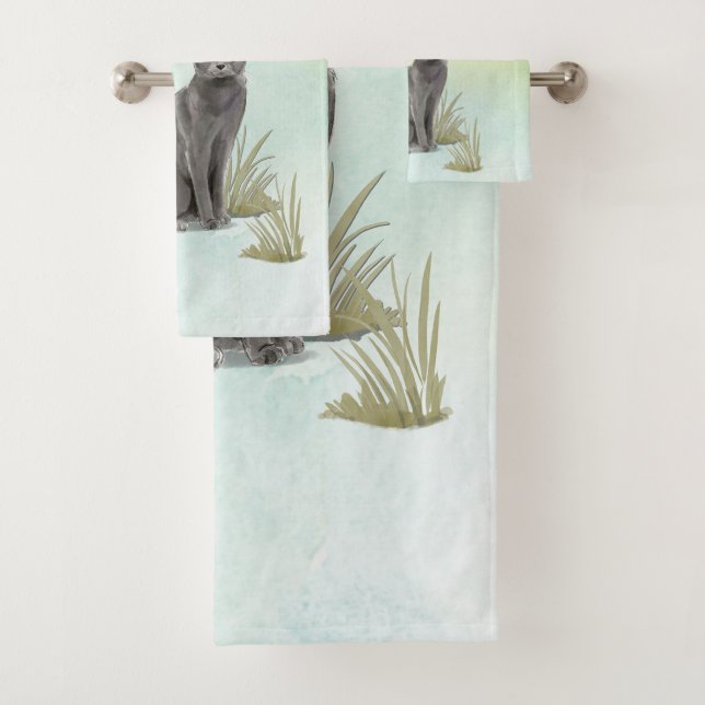 Conjunto De Toalhas Nome Personalizado Pet de Gato Russo Azul (Insitu)