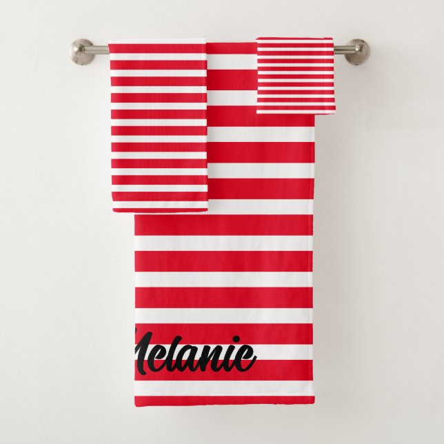 Conjunto De Toalhas Nome Personalizado Stripes Padrão Vermelho Natal B (Insitu)