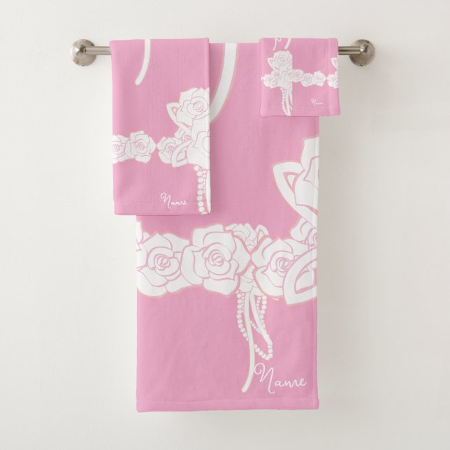 Conjunto De Toalhas Nome Rosas Brancas Presente Cor-de-Rosa  (Insitu)