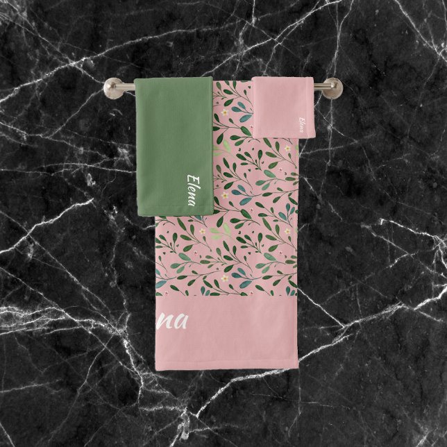 Conjunto De Toalhas Nome verde da folha cor-de-rosa-água (Criador carregado)