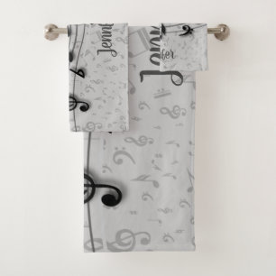 Conjunto De Toalhas Notas de música personalizadas em preto e Cinza