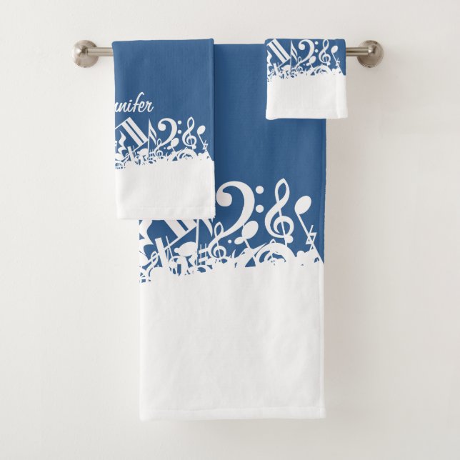 Conjunto De Toalhas Notas Musicais Brancas Personalizadas em Azul (Insitu)