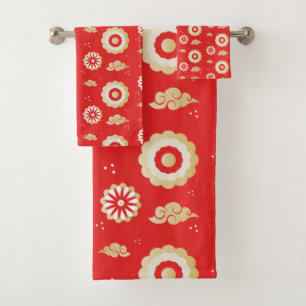 Conjunto De Toalhas Nuvens de vento japonesas Padrão Vermelho