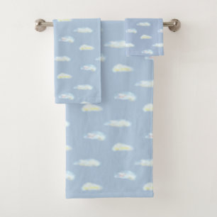 Conjunto De Toalhas Nuvens Pastel em Azul Claro