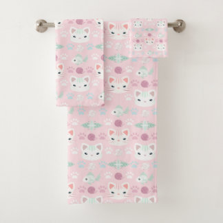 Conjunto De Toalhas O que é Legal, Gatinho em Rosa e Verde Menta