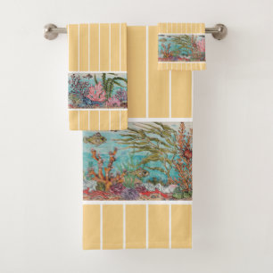 Conjunto De Toalhas Ocean Sea Life Fish Dourado Vintage Beach House