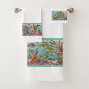 Conjunto De Toalhas Ocean Sea Life Fish White Aqua Vintage Beach House