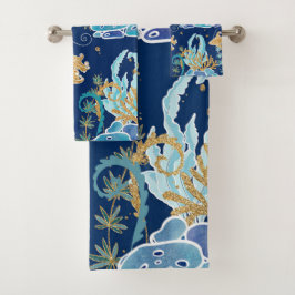 Conjunto De Toalhas Oceano Dourado de turquesa azul Elegante Turquesa
