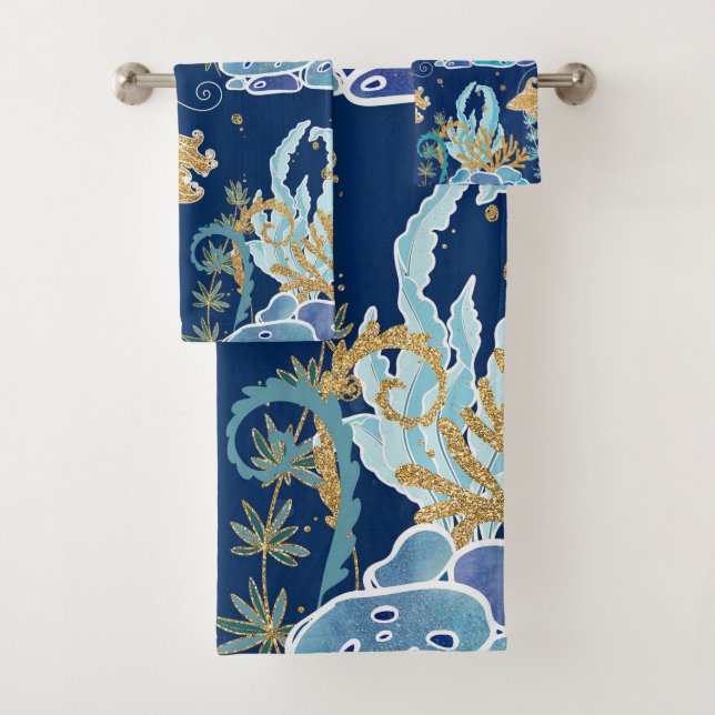 Conjunto De Toalhas Oceano Dourado de turquesa azul Elegante Turquesa (Insitu)