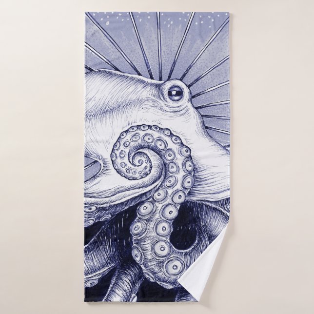 Conjunto De Toalhas Octopus Azul Púrpura Monocromático (Toalha de Banho)