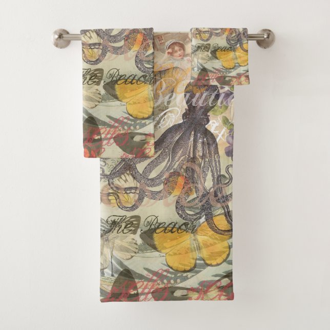 Conjunto De Toalhas Octopus Beach Antique Coastal Steampunk (Insitu)