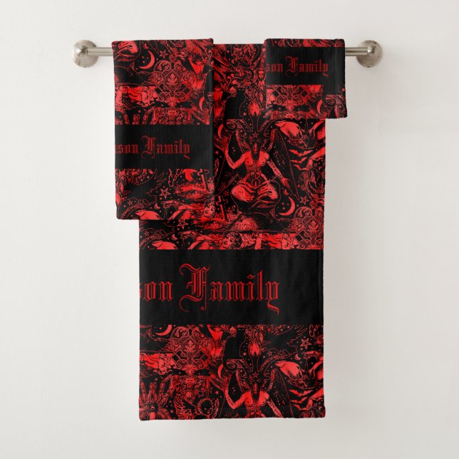 Conjunto De Toalhas Oculto Red Devil Bats Baphomet Skulls Gótica (Insitu)