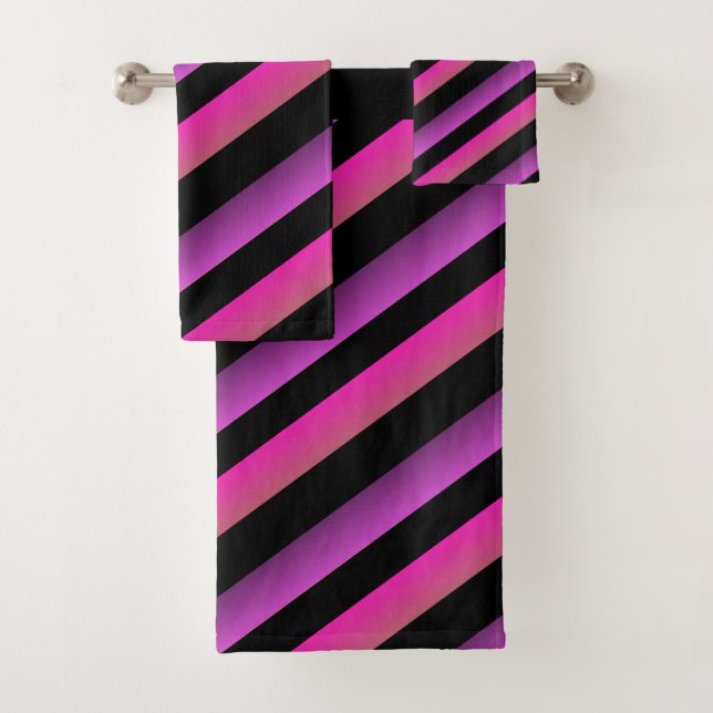Conjunto De Toalhas Ombre Preto Arco-Íris Stripes Rosa Quente (Insitu)