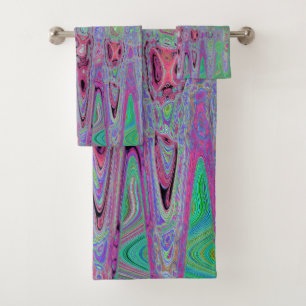 Conjunto De Toalhas Ondas Abstratas Atômicas Groovy Rosa e Verde Lima