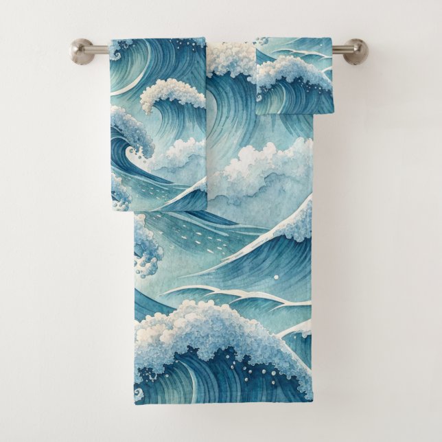 CONJUNTO DE TOALHAS ONDAS DO OCEANO AZUL VERDE EM FURIA (Insitu)