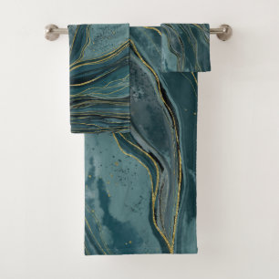 Conjunto De Toalhas Ondas Douradas de Abstrato de Aquarela Azul Teal