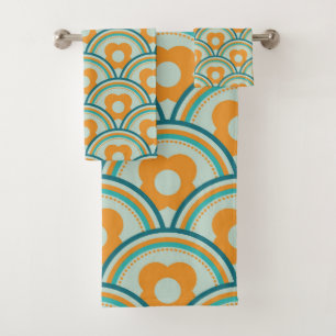 Conjunto De Toalhas Ondas e Flores Retro Aqua, Teal, Laranja